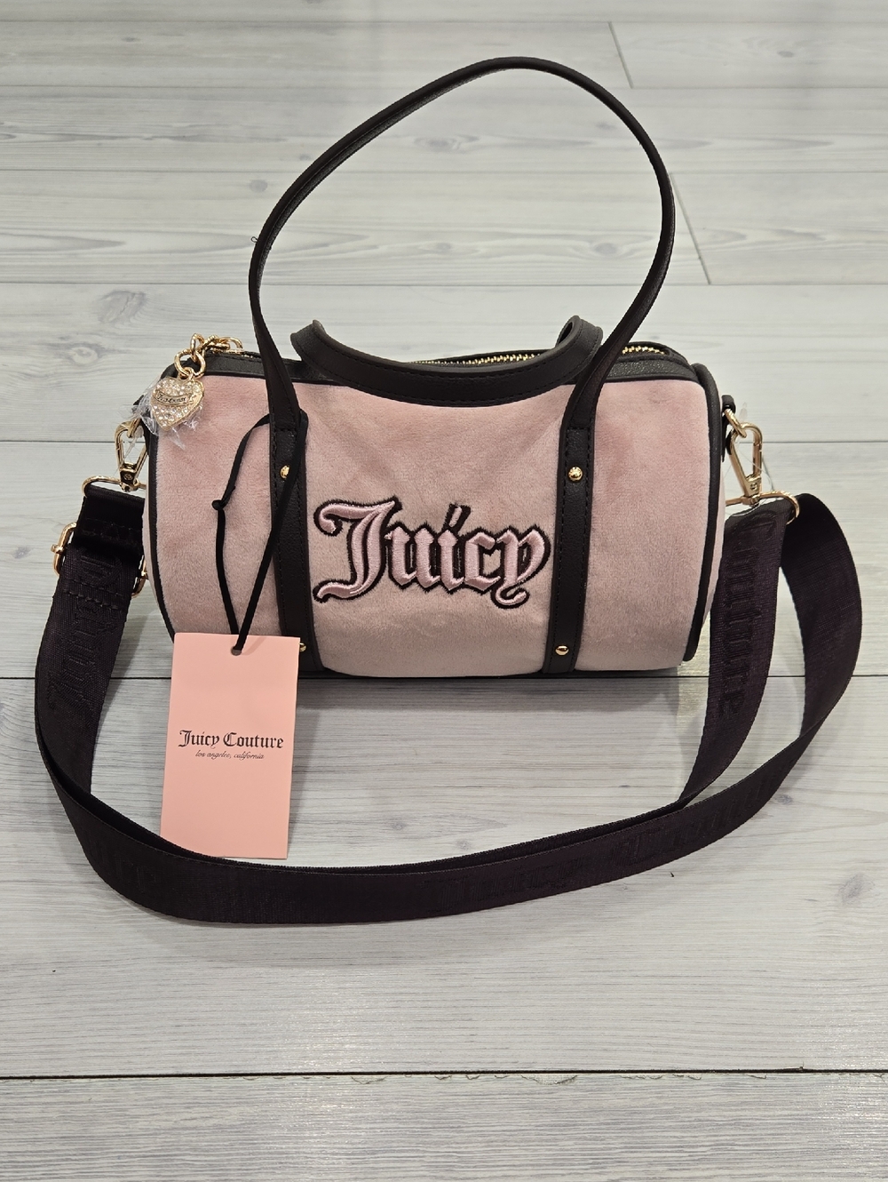 Juicy Couture Pink Suede Barrel Crossbody with Brown Trim